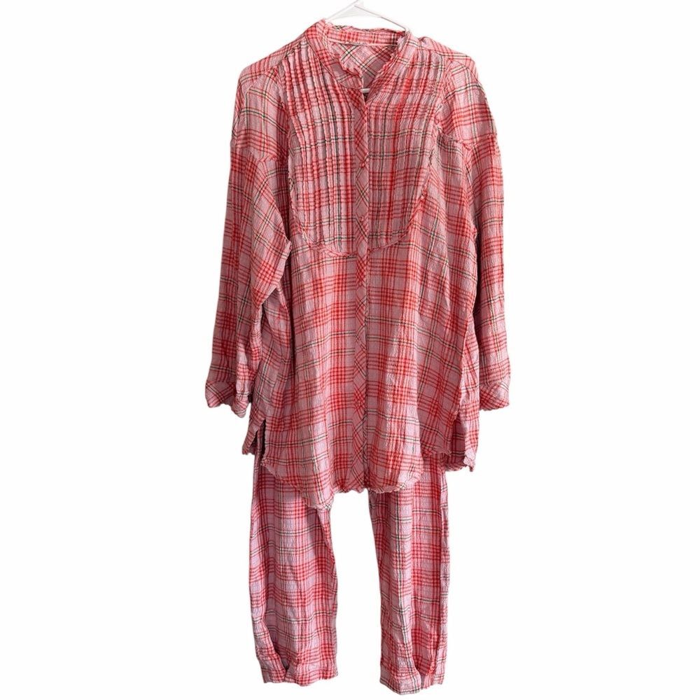 Free People Intimately Pink Plaid Slouchy Tunic Shirt & Loungewear Pants Set S